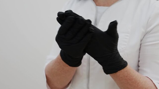 A female doctor puts on rubber gloves