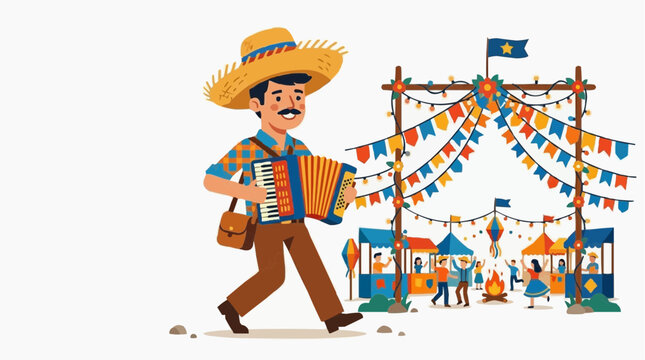 Man with Straw Hat and Accordion Walking into S&atilde;o Jo&atilde;o Festival, Forr&oacute; Musician Flat Illustration