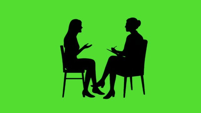 silhouette of a female patient consulting with a psychologist on a green screen background