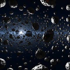 Asteroid field in space with bright light and dark background  VR 360