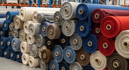 Stack of colorful fabric rolls in garment factory warehouse. Textile industry storage for apparel manufacturing. Assorted cloth material for sewing and wholesale clothing production.