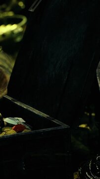 A wooden chest is slightly open beside an old table. Metal objects and tools are scattered nearby in a dark room. Light filters through, revealing hidden details.