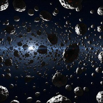 Asteroid field in space with bright light and dark background  VR 360
