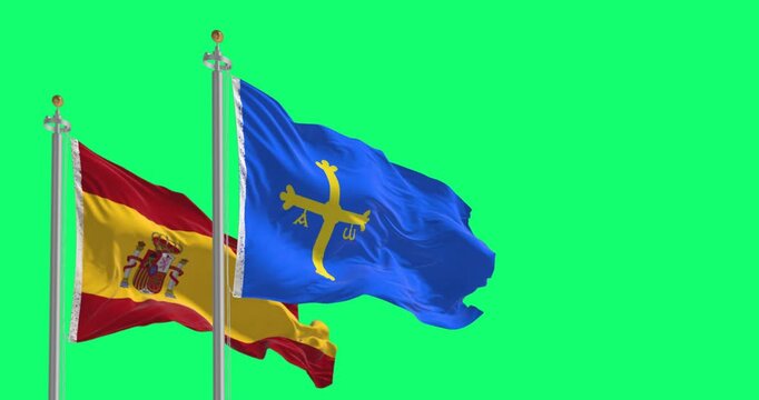 The Asturias flag waving with Spanish flag isolated on green background. Seamless 3D render animation. Chroma key. Slow motion loop. Green screen. 4K. Selective focus
