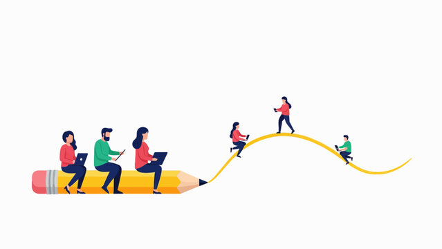 Creative Education Concept featuring tiny people sitting on a giant yellow pencil and a curved line using laptops, ideal for e-learning platforms and digital education marketing.