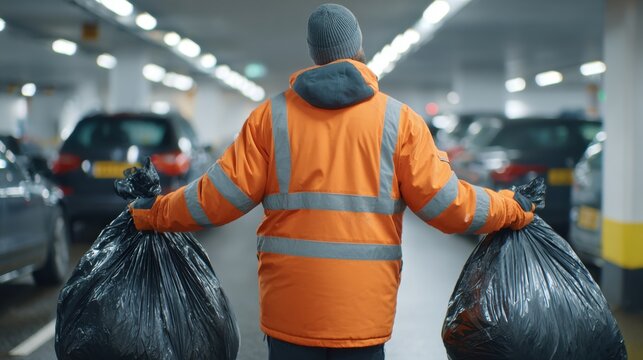 Sanitation worker carrying black rubbish bags in indoor parking area. Waste collection, garbage disposal, cleaning service and urban maintenance concept