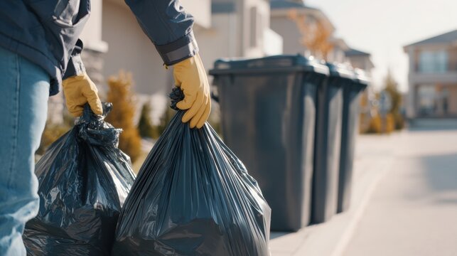 Worker carrying black rubbish bags toward outdoor waste bins in residential area. Household garbage collection, sanitation service, cleanup and waste management concept