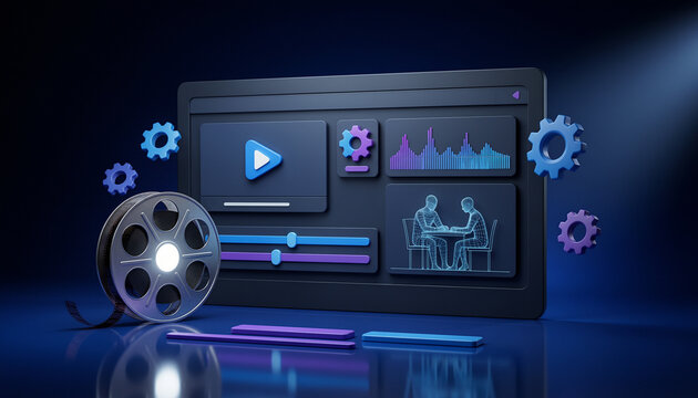 Video editing software, film production tools, motion graphics interface, blue cinematic background
