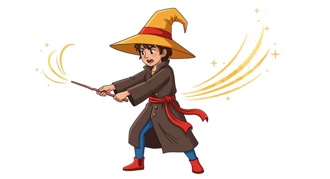 Cartoon wizard casting magic spell, fantasy illustration, children's book concept