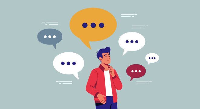 Young man thinking with speech bubbles, communication concept, business background