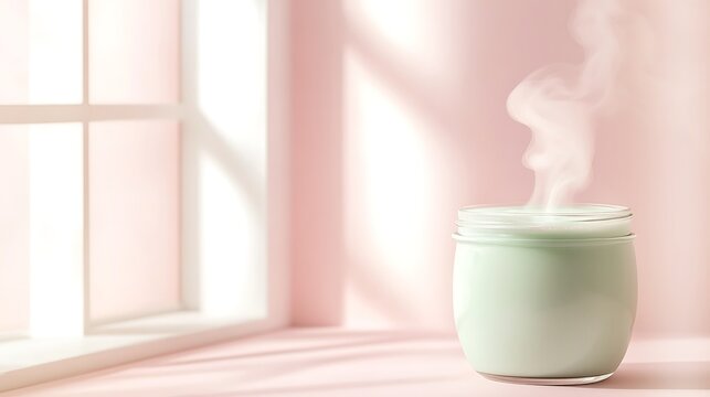 Soft mist from ceramic diffuser in serene pastel bedroom with natural light