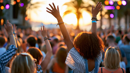 Fototapeta premium Wide-angle view of a large defocused crowd dancing at an outdoor music festival at golden sunset near a tropical waterfront, summer festival atmosphere concept, outdoor live