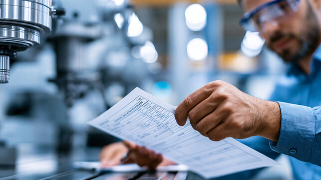 Close-up of a worker's hands in protective goggles examining a technical specification sheet beside industrial machinery, factory safety inspection concept, equipment compliance