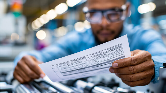 Close-up of a worker's hands in protective goggles examining a technical specification sheet beside industrial machinery, factory safety inspection concept, equipment compliance
