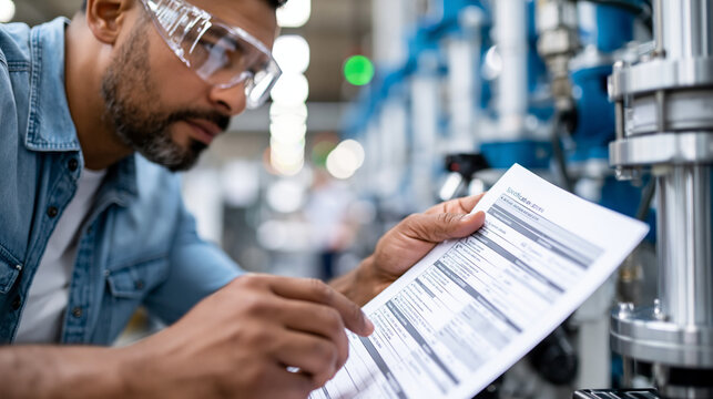 Close-up of a worker's hands in protective goggles examining a technical specification sheet beside industrial machinery, factory safety inspection concept, equipment compliance