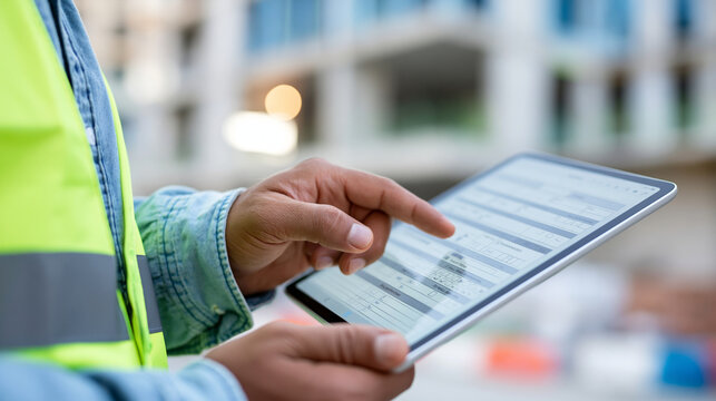 Close-up of an engineer's hands holding a tablet displaying digital inspection forms at a construction site, digital site management concept, construction technology photography,
