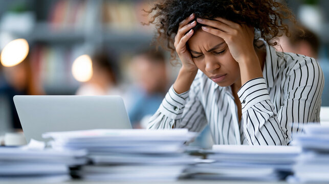 Close-up of an unrecognizable businesswoman holding her head in her hands while staring at a laptop screen surrounded by documents, workplace pressure concept, financial document