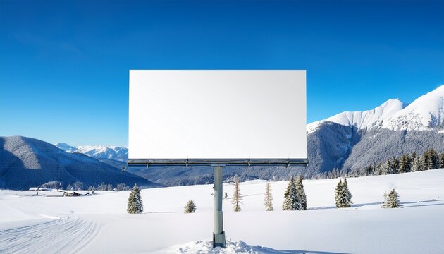 empty billboard standing alone in ski station vast snowy mountain landscape field in background snow and blue sky vertical white poster in the middle global warming awareness