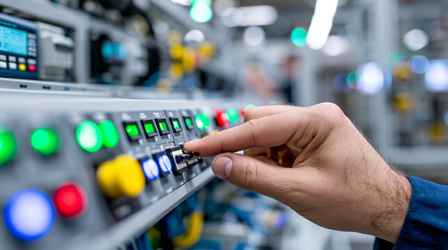 Close-up of an unrecognizable technician's hand adjusting switches on a PLC control panel in an automated factory, industrial automation concept, smart manufacturing photography,