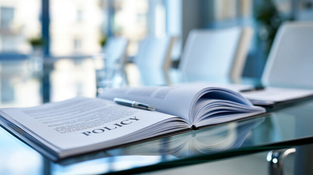 Close-up of a corporate policy document lying open on a sleek glass boardroom table under clean office lighting, organizational governance concept, business operations manual
