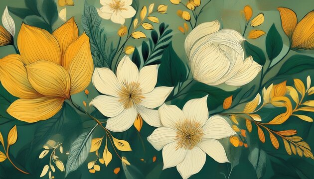 vibrant flowers leaves and stems create a busy plant design on a green base white yellow and cream shades appear in this repeatable artwork