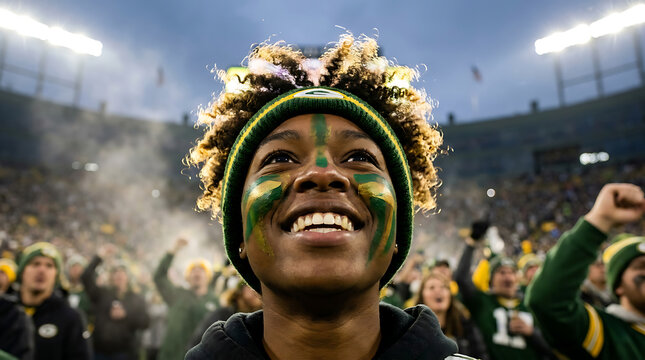 Close-up shot of a joyful young fan with face paint, cheering at a sports stadium at night under bright lights