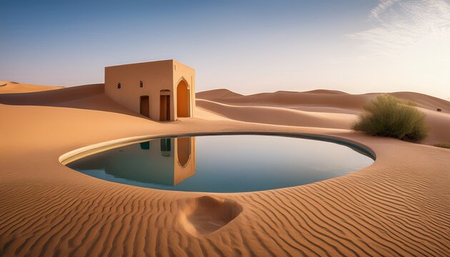 serene desert scene featuring a pool reflecting sand dunes architecture and a soft warm color palette