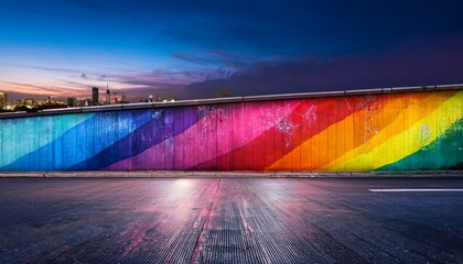 Fototapeta premium colorful street art mural on urban wall with rainbow road for city night scene
