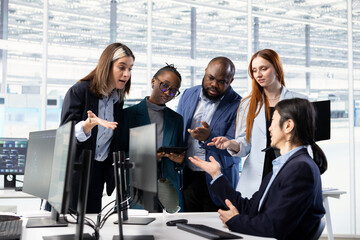 Obraz premium Working together, PCB production optimizations and multiracial coworkers in factory research office, Brainstorming, STEM inclusion and specialists developing semiconductors powering electronics.