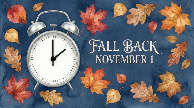 "Fall Back" daylight saving time ending reminder concept. Watercolor illustration of a vintage alarm clock and autumn leaves on a blue background with typography November 1