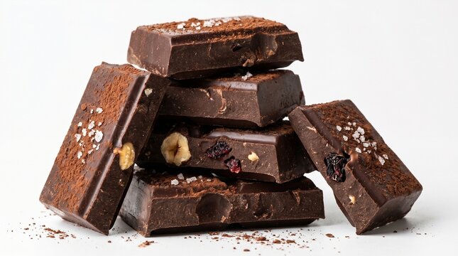 Pilha de peda&ccedil;os de chocolate amargo gourmet com avel&atilde;s, frutas secas, sal marinho e cacau em p&oacute;, isolado em fundo branco