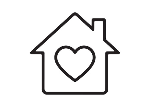 Line art house with heart symbol inside representing love of home on a white background