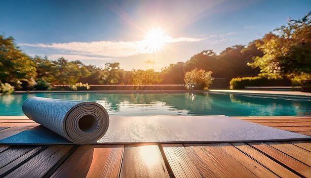 a serene scene of a rolled yoga mat near a shimmering pool under dappled sunlight suggesting calm and wellness