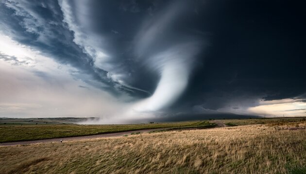 dramatic tornado touching down in an open plain with dark clouds