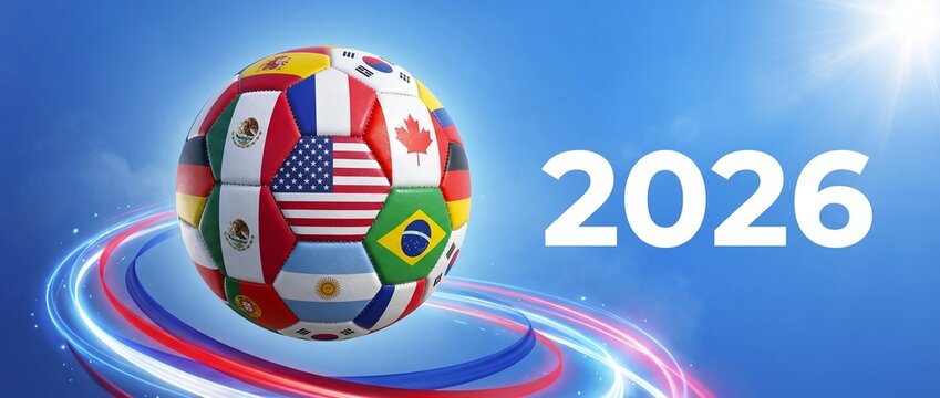 2026 international soccer ball featuring diverse national flags symbolizing global sports unity