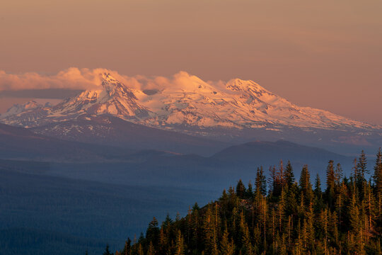 Three Sisters in evening light. Oregon Cascades.