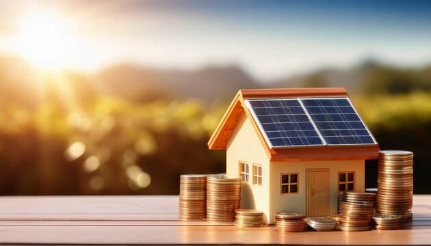 toy house with solar panels and stack of coins