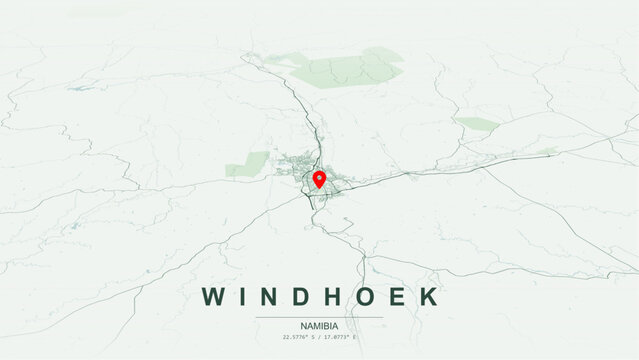 Modern minimalist vector map of Windhoek, Namibia. High-quality scalable illustration of Windhoek city grid, Christuskirche and Alte Feste landmarks, Katutura district for posters and design.