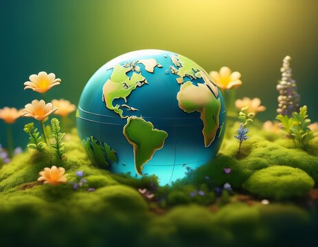 earth globe is surrounded by moss and little flowers represent eco friendly conception