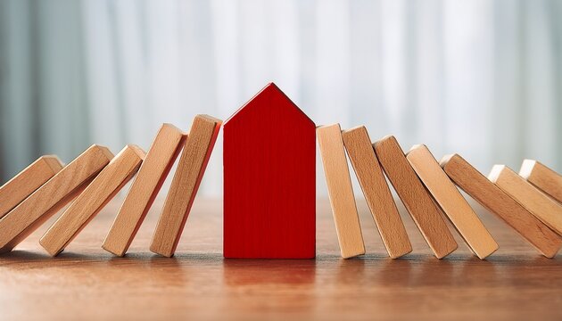 the red house block stopping a line of falling wooden dominoes