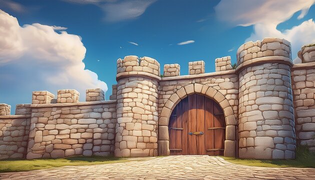 ancient stone city gate with arched wooden door and fortified wall under blue sky with clouds
