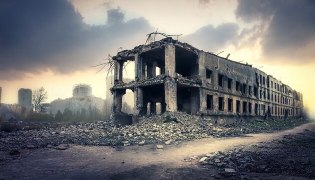 ruin in a war zone with a damaged concrete building