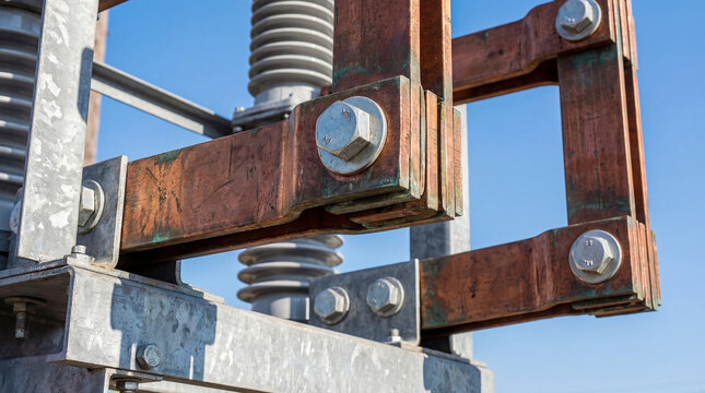 High voltage electrical substation equipment with copper busbar and insulator. Industrial power transmission connection detail. Energy infrastructure for electricity distribution system.