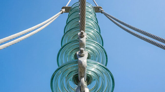 Glass insulator string on high voltage power line. Electrical equipment for substation distribution and grid energy infrastructure. Industrial component for electric power transmission.