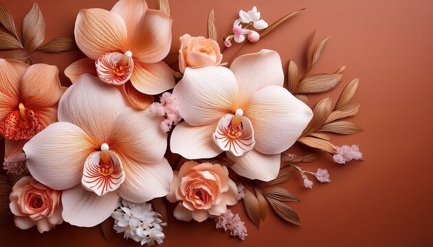 orchids and peonies create a smooth vintage floral design on terracotta