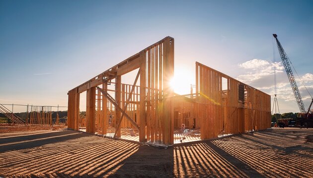 massive wooden structural framework glows under bright sunlight during construction
