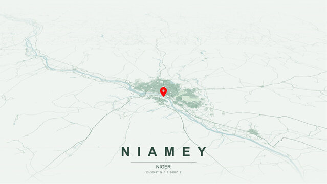 Modern minimalist vector map of Niamey, Niger. High-quality scalable illustration of Niamey city grid, Niger River waterfront, Kennedy and Diori Hamani bridges for posters and design.