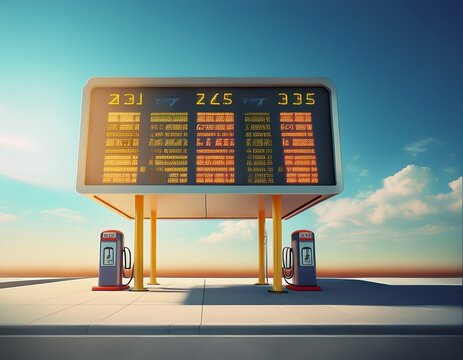 gas station price board with rising fuel prices and dynamic numbers bright clear sky minimal composition with high key lighting global inflation and energy cost concept
