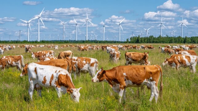 Herd of brown and white cows grazing on green pasture with wind turbines in the background. Sustainable agriculture and renewable energy coexistence in rural landscape
