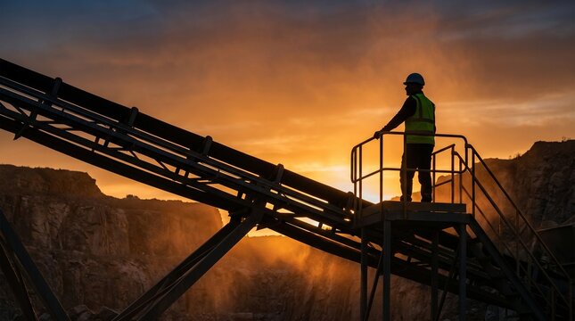 Silhouette worker on quarry conveyor platform at sunset with glowing dust